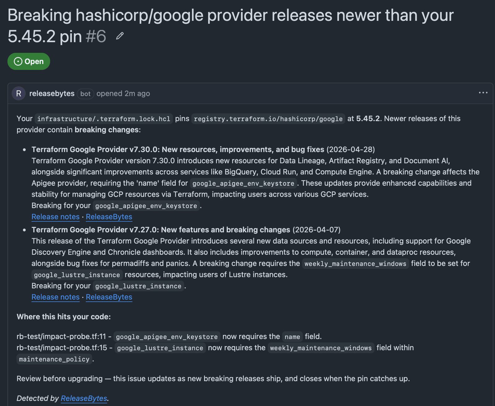 A ReleaseBytes GitHub Issue: breaking hashicorp/google provider releases newer than the repo's 5.45.2 pin, each release summarised and marked breaking for the resources the repo declares, with a 'Where this hits your code' section citing file and line.
